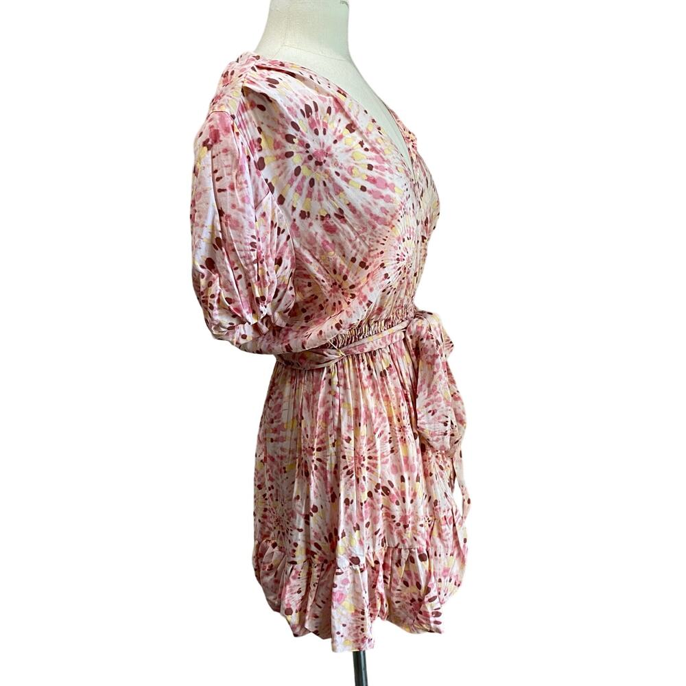 MISA Eloise Pink Tie Waist Puff Sleeve Ruffle Hem Boho Mini Dress Sz M - Picture 3 of 11